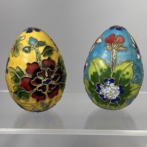 2 X Cloisonné Eggs Enameled Raised Gold Wire Floral Flowers Colorful Yellow Blue